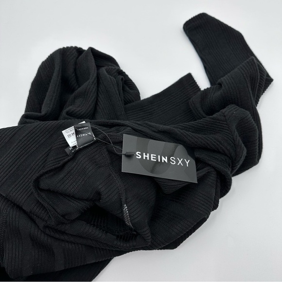 Shein Jumpsuit Women Medium NEW Black Ribbed Knit Long Sleeve Open Back Sxy - Picture 8 of 15